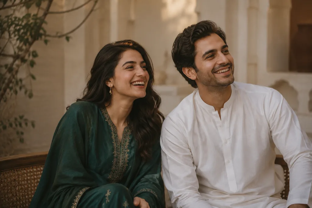 A Pakistani couple laughing together in a sunlit courtyard