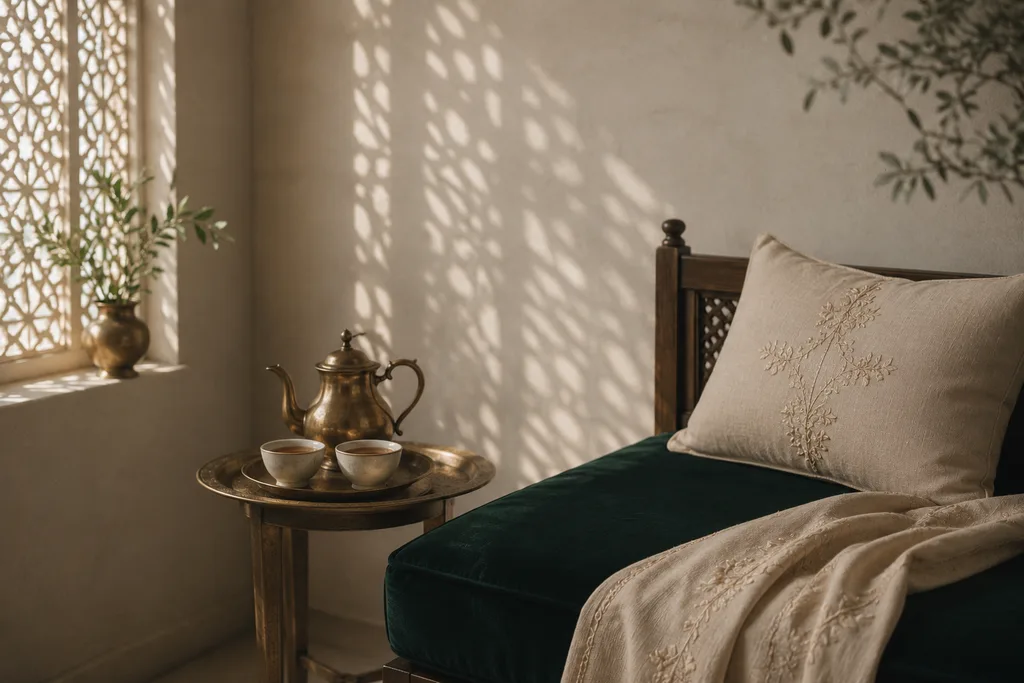 A sunlit Pakistani majlis with a brass teapot and embroidered cushion, the room where families discuss rishtas