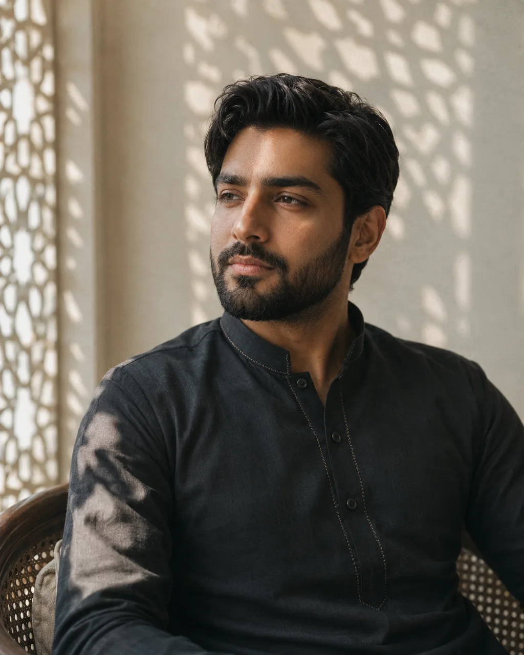 Portrait of a Pakistani man in a black kurta seated against a jali-shadowed wall