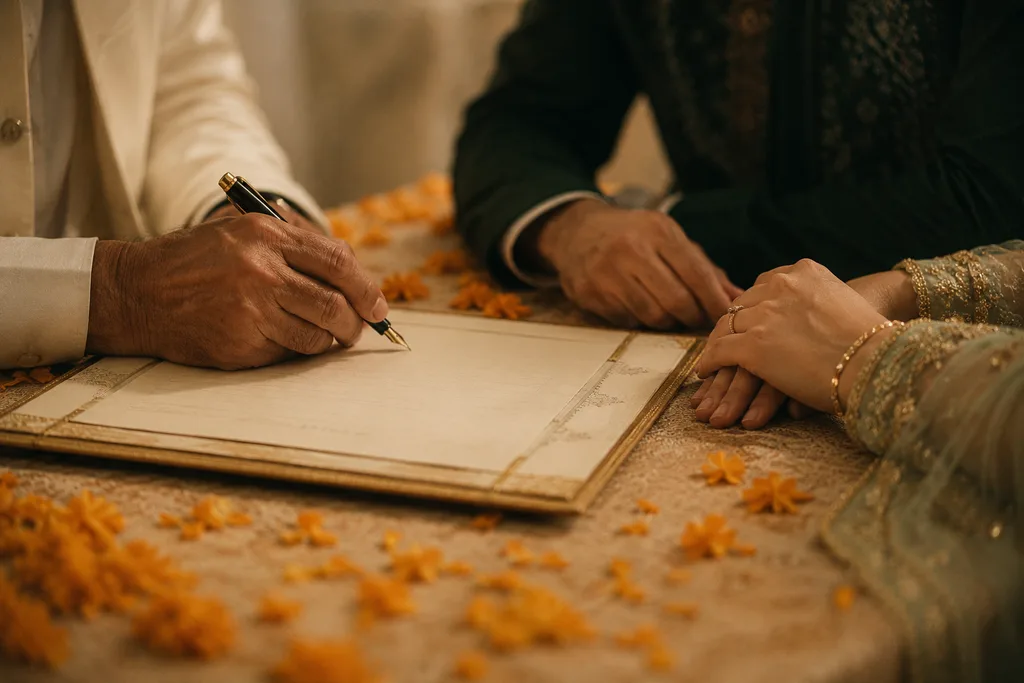 Hands of a couple signing the nikahnama with marigold petals scattered on the table